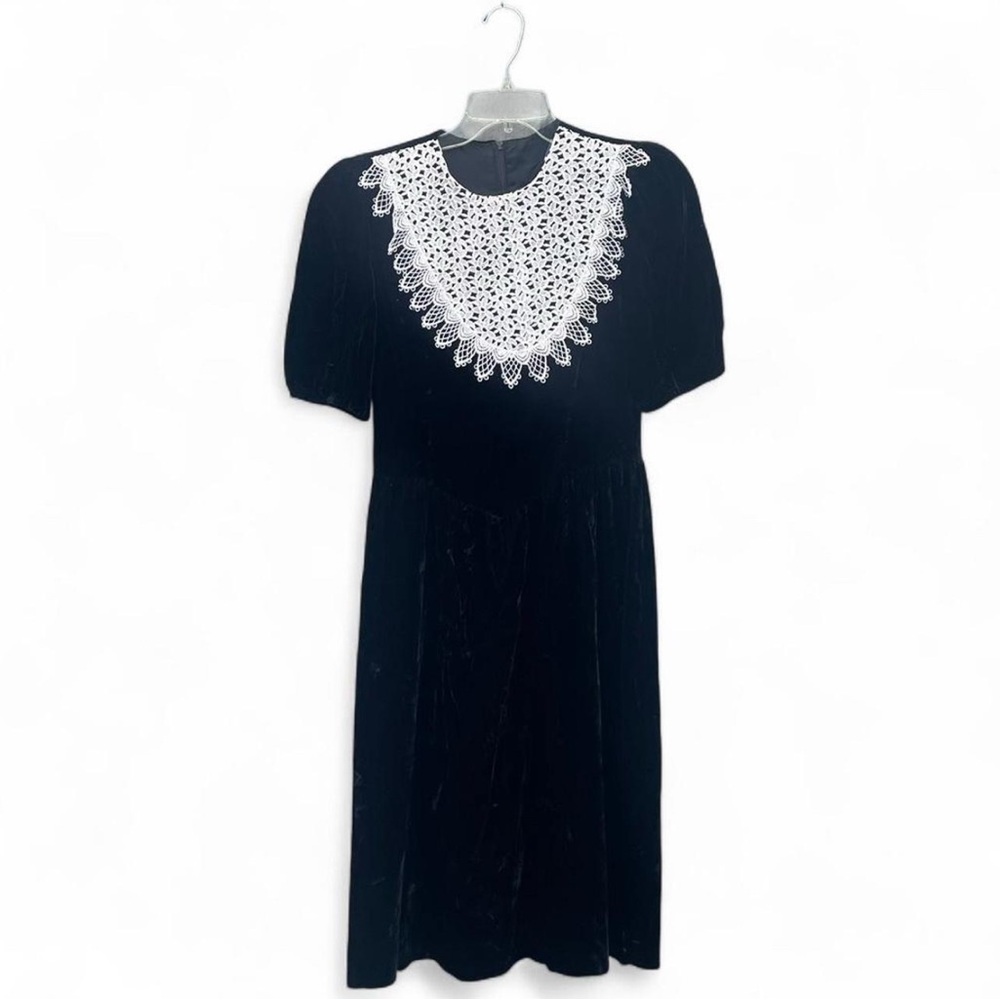 Vintage 80s Black Velvet Mini Dress Lace Collar Wednesday Addams Whimsigoth Goth